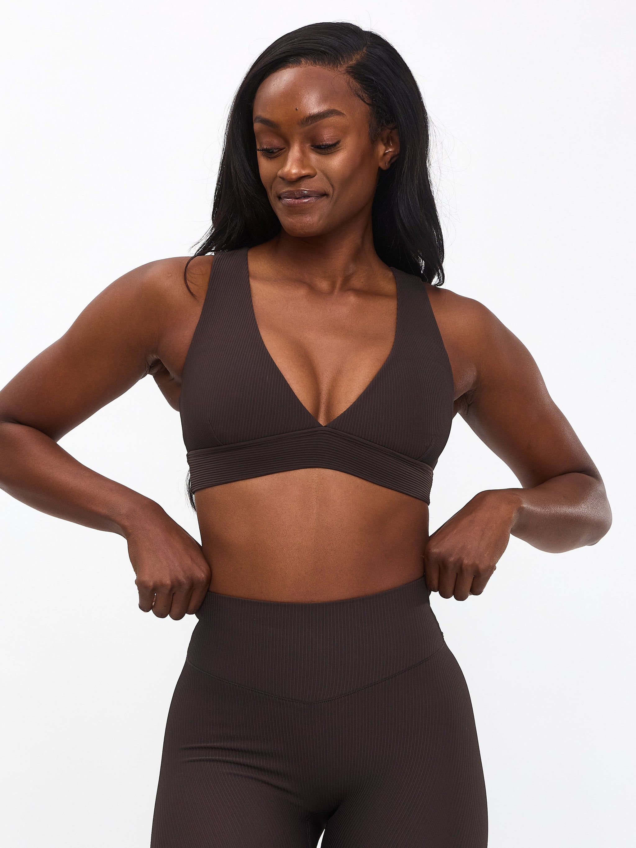 Ribbed Deep V Sports Bra - Cold Brew