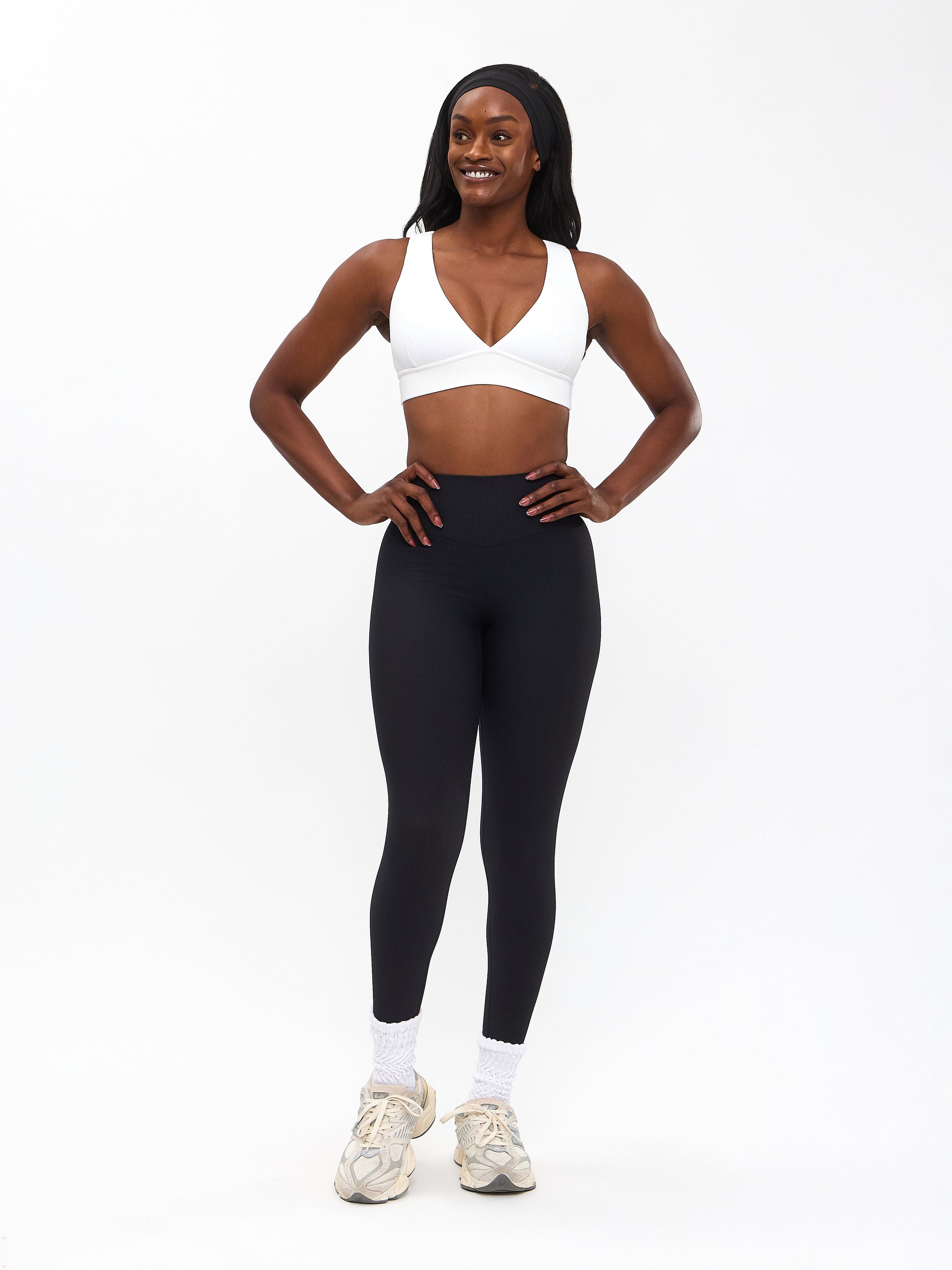 Ribbed Deep V Sports Bra - White