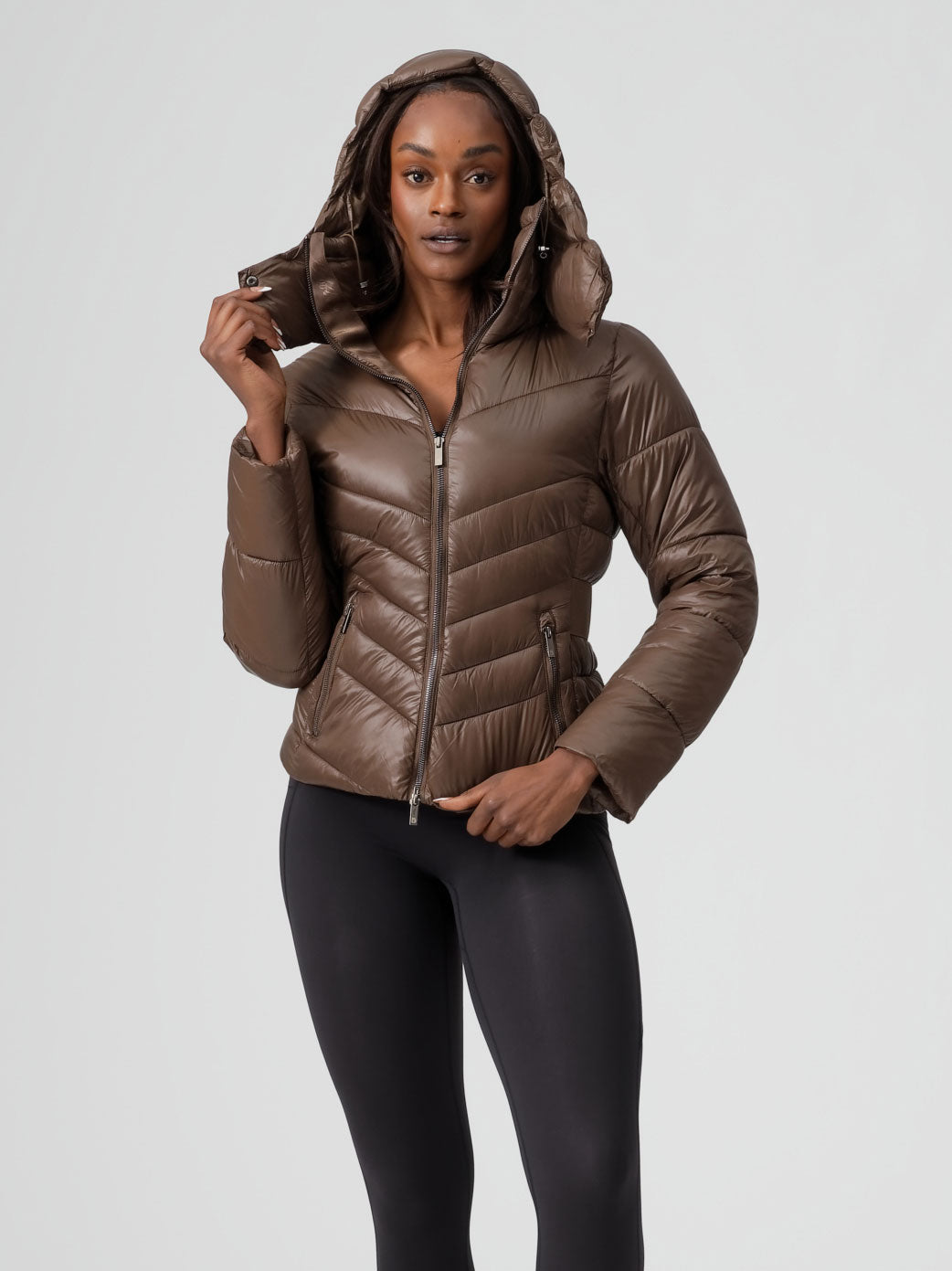 Tie Waist Puffer Parka Jacket - Brown