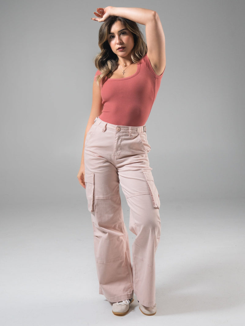 Wide Leg Cargo Pant - Strawberry Milk