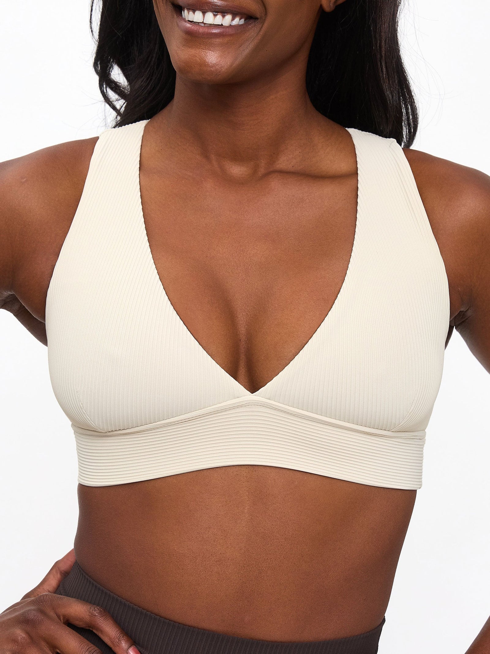 Ribbed Deep V Sports Bra - Bone