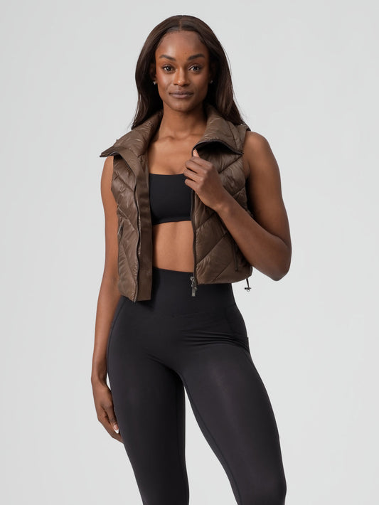 Cinch Waist Puffer Vest - Dark Brown