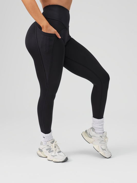 Ribbed Mix Pocket Legging - Onyx Black